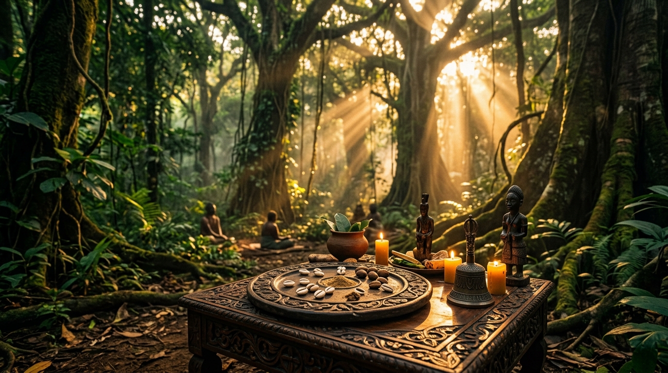 Bosque sagrado con tablero de Ifá
