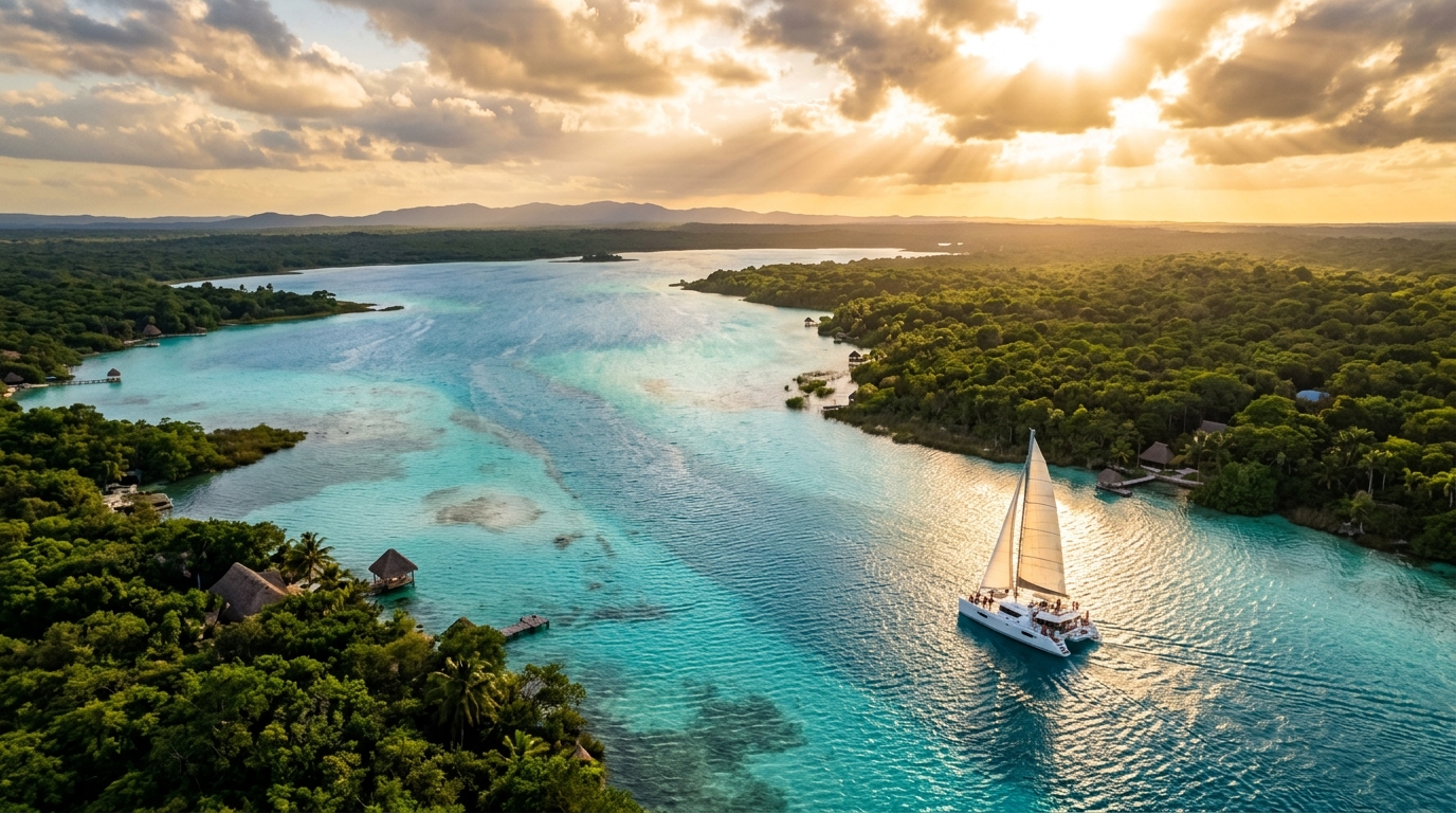 Laguna de Bacalar desde el aire al atardecer