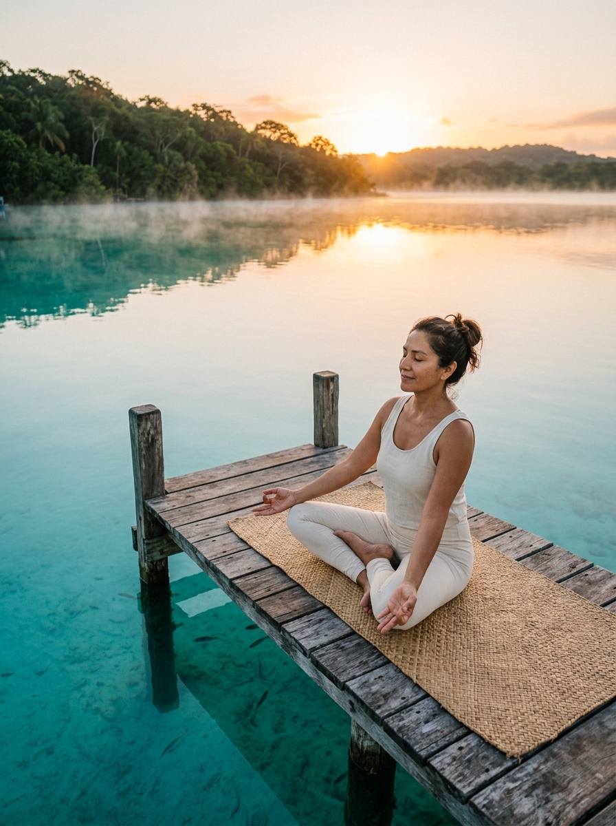 Meditación al amanecer frente a la Laguna de Bacalar